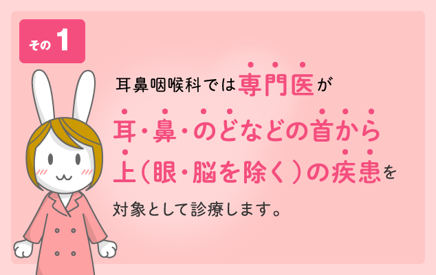 その1　耳鼻咽喉科では専門医が耳・鼻・のどなどの首から上（眼・脳を除く）の疾患を対象として診療します。